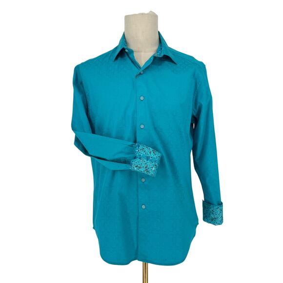 Robert Graham Woven Button Front Long Sleeve Shirt KEATON Solid Turquoise Blue M